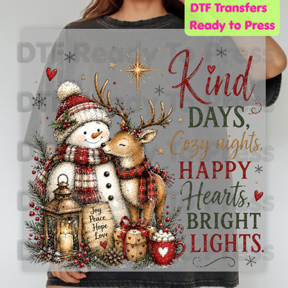 Kind Days Cozy Nights DTF Transfers, Snowman Reindeer Cute Christmas Holiday Ready to Press