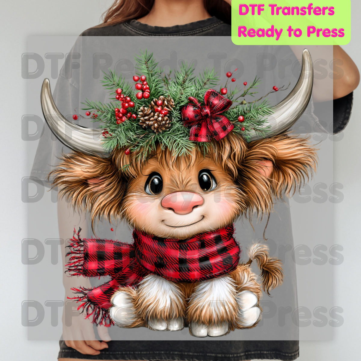 Baby Highland Cow DTF Transfers, Plaid Scarf Cute Christmas Holiday Ready to Press