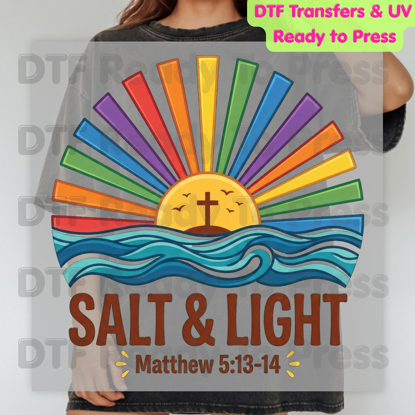 Salt and Light DTF Transfer Ready to Press Matthew 5:13-14 Bible Verse UV DTF Sticker Christian Rainbow Sunbeams Ocean Waves Cross Heat Transfer for Shirts