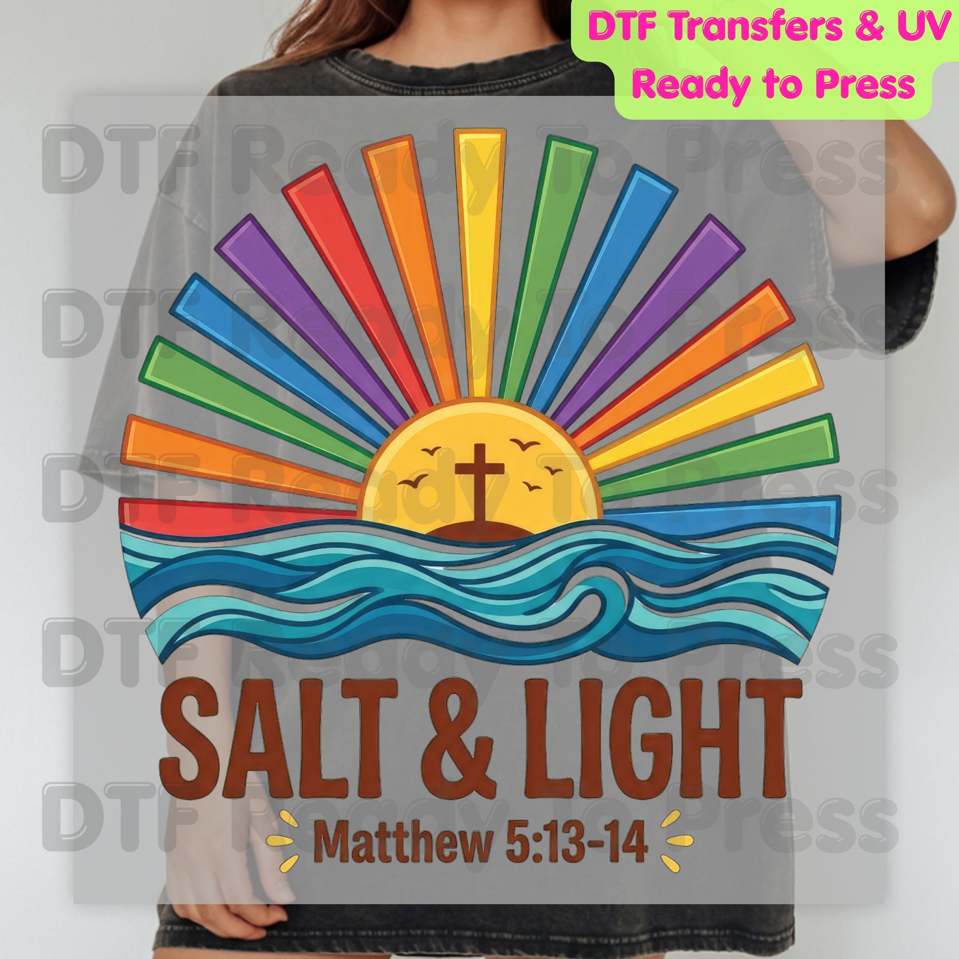 Salt and Light DTF Transfer Ready to Press Matthew 5:13-14 Bible Verse UV DTF Sticker Christian Rainbow Sunbeams Ocean Waves Cross Heat Transfer for Shirts