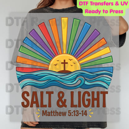 Salt and Light DTF Transfer Ready to Press Matthew 5:13-14 Bible Verse UV DTF Sticker Christian Rainbow Sunbeams Ocean Waves Cross Heat Transfer for Shirts