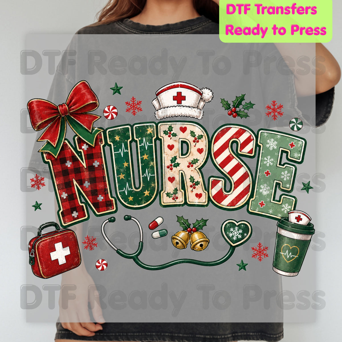 Christmas Nurse DTF Transfers, Medical Nursing Plaid Stethoscope Bow Holiday Ready to Press