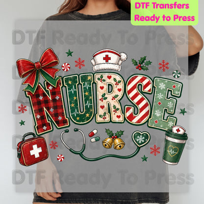 Christmas Nurse DTF Transfers, Medical Nursing Plaid Stethoscope Bow Holiday Ready to Press