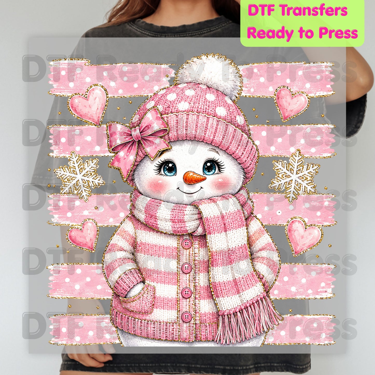 Cute Pink Snowgirl DTF Transfers, Winter Snowman Beanie Bow Pink Stripes Hearts Ready to Press