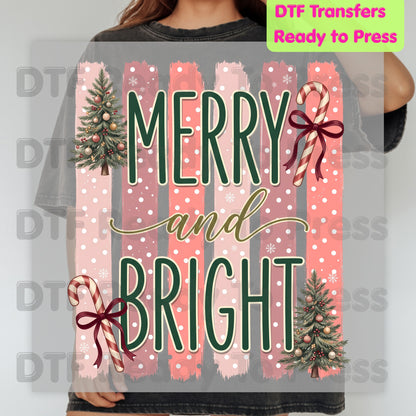 Christmas Merry and Bright DTF Transfer Ready to Press Pink Christmas Tree Candy Cane Heat Transfer for Shirts Retro Holiday Xmas DTF Print Cute Xmas