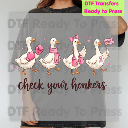 Check Your Honkers Ducks DTF Transfers, Pink Ribbon Boxing Gloves Geese Breast Cancer Awareness Ready to Press