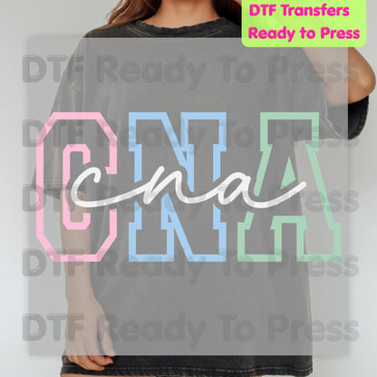 CNA Pastel Varsity DTF Transfers, Certified Nursing Assistant Medical Block Script Ready to Press