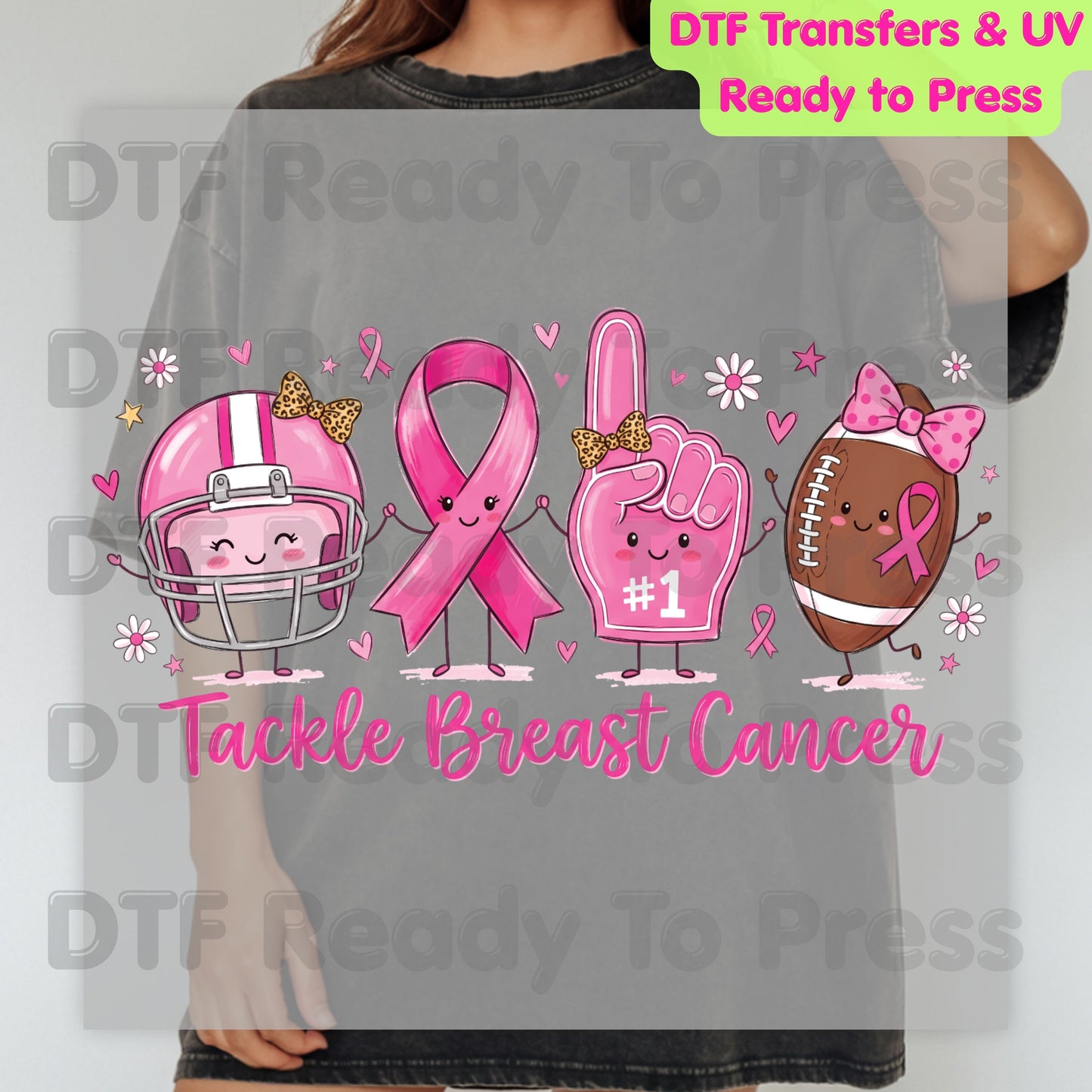 Tackle Breast Cancer Awareness DTF Transfer Ready to Press Heat Transfer Football Ribbon Tee