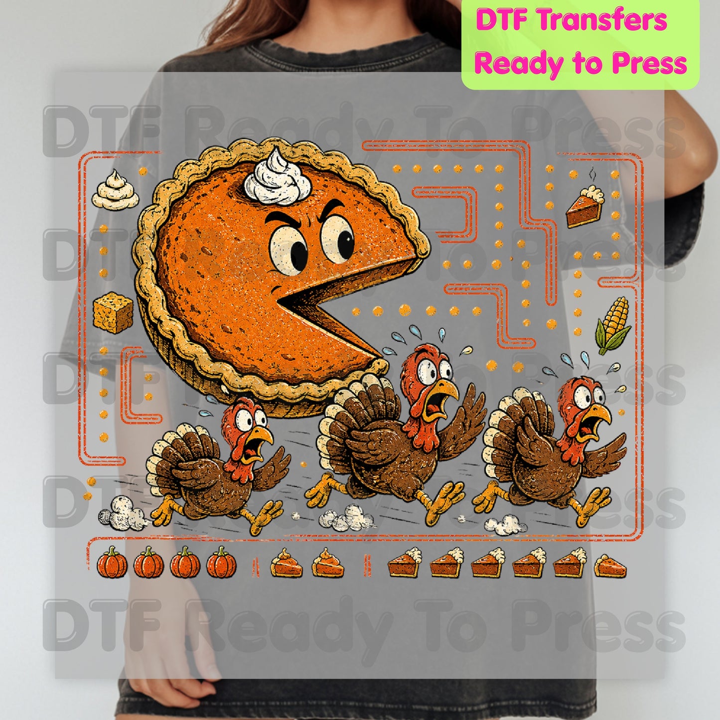Funny Thanksgiving Pacman DTF Transfers, Pumpkin Pie Chasing Turkeys Maze Video Game Ready to Press