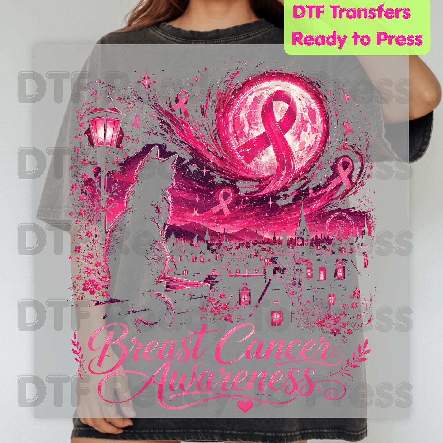Pink Cat Moon Breast Cancer Awareness DTF Transfer Ready to Press Heat Transfer Tee