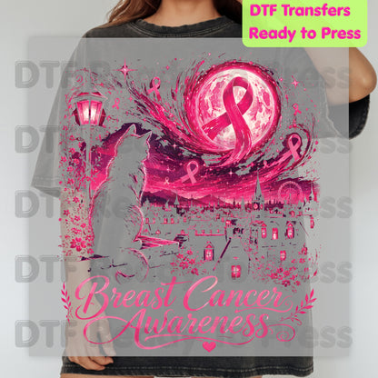 Pink Cat Moon Breast Cancer Awareness DTF Transfer Ready to Press Heat Transfer Tee