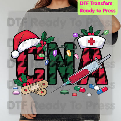 Christmas CNA Plaid DTF Transfers, Medical Nursing Syringe Holiday Lights Ready to Press