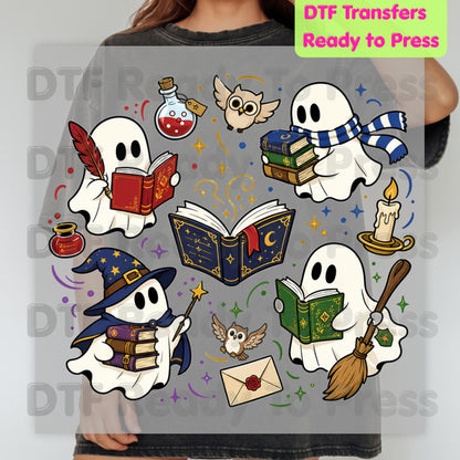 Reading Ghosts DTF Transfers, Spooky Bookish Ghosts Wizard Academy Halloween Ready to Press