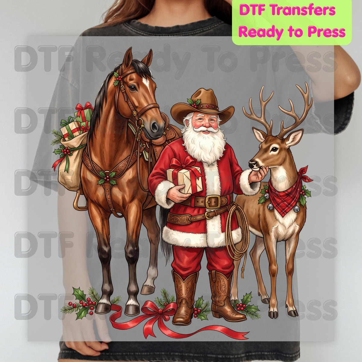 Christmas DTF Transfer, Cowboy Santa with Horse and Reindeer, Western Holiday Graphic