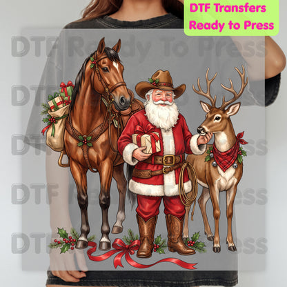 Christmas DTF Transfer, Cowboy Santa with Horse and Reindeer, Western Holiday Graphic