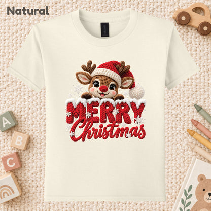 Cute Reindeer Christmas T-Shirt, Santa Hat Knitted Lettering Tee, Cozy Holiday Sweatshirt