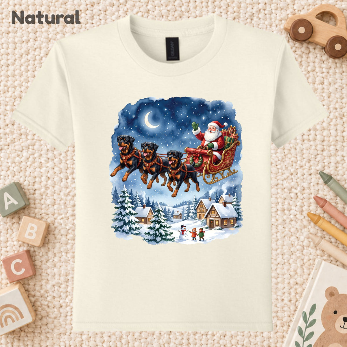 Rottweiler Christmas T-Shirt, Santa Sleigh with Flying Dogs Graphic Tee, Funny Dog Lover Holiday Shirt