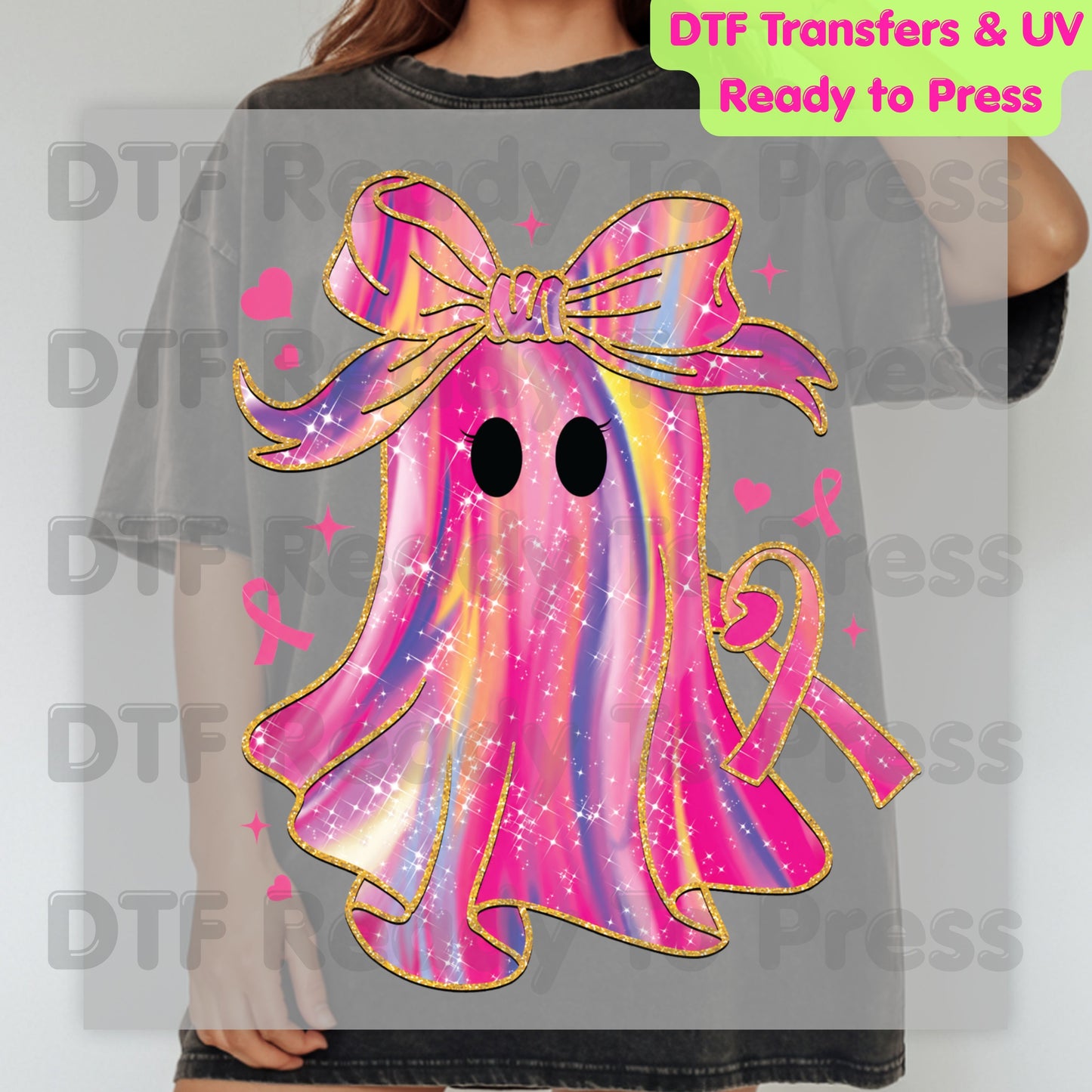 Glitter Pink Ghost Breast Cancer Awareness DTF Transfer Ready to Press Heat Transfer Bow Tee