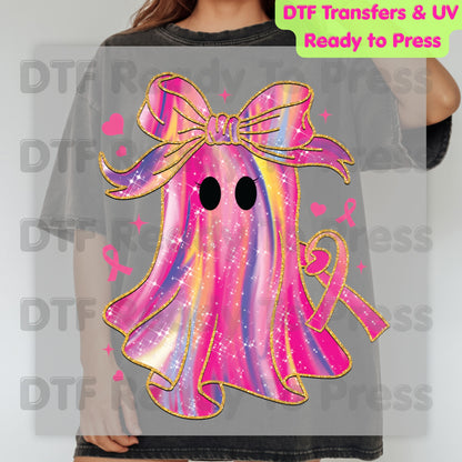 Glitter Pink Ghost Breast Cancer Awareness DTF Transfer Ready to Press Heat Transfer Bow Tee