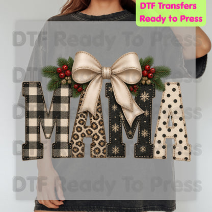 Christmas Mama DTF Transfers, Coquette Bow Buffalo Plaid Leopard Polka Dot Holiday Ready to Press