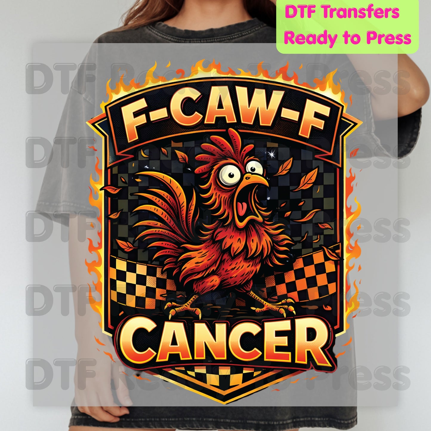 Funny Rooster DTF Transfer Ready to Press F Caw F Cancer Flaming Checkered Flag Heat Transfer Tee Print Direct to Film Transfer