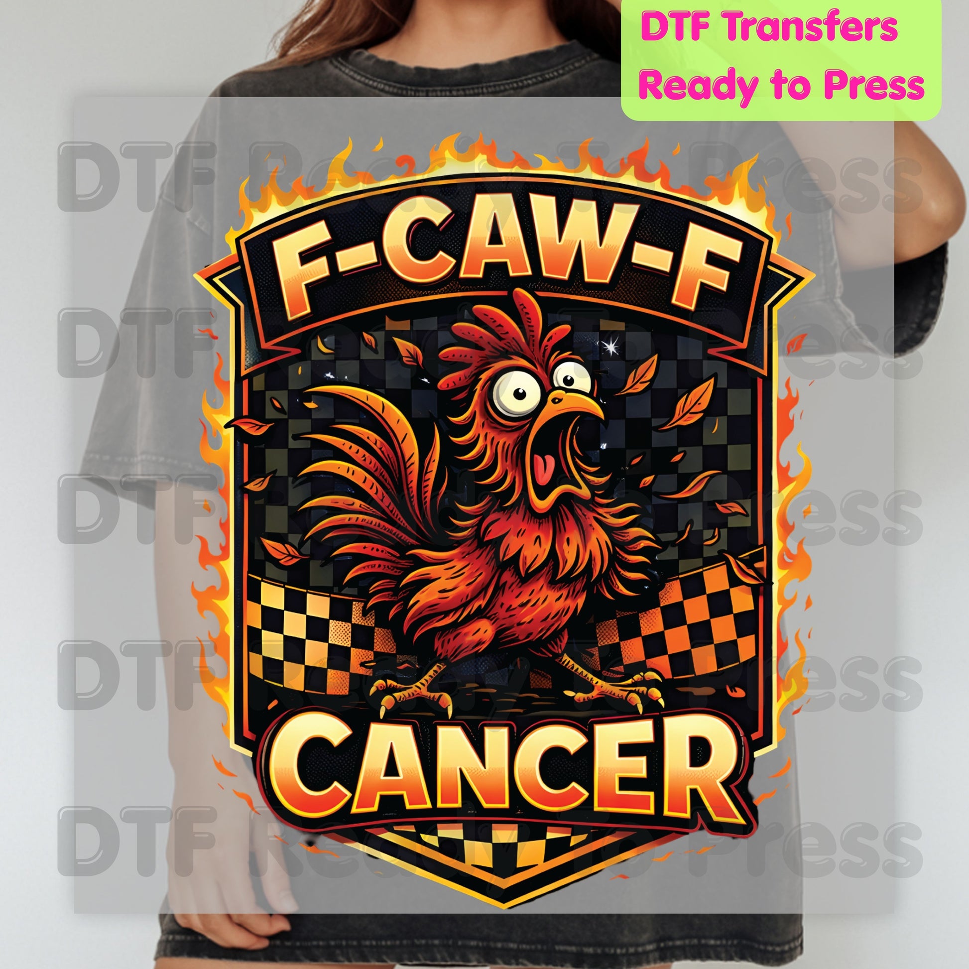 Funny Rooster DTF Transfer Ready to Press F Caw F Cancer Flaming Checkered Flag Heat Transfer Tee Print Direct to Film Transfer