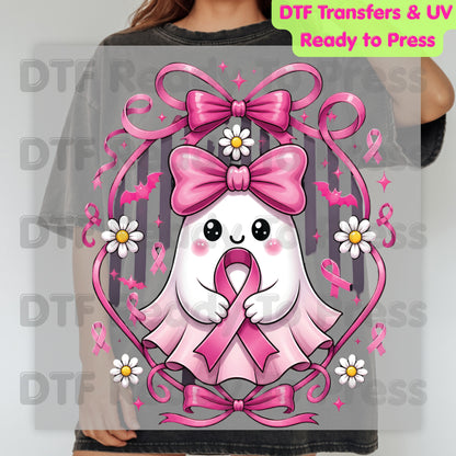 Halloween Breast Cancer Awareness Cute Ghost DTF Transfer Ready to Press Heat Transfer Pink Ribbon Bow Spooky Tee