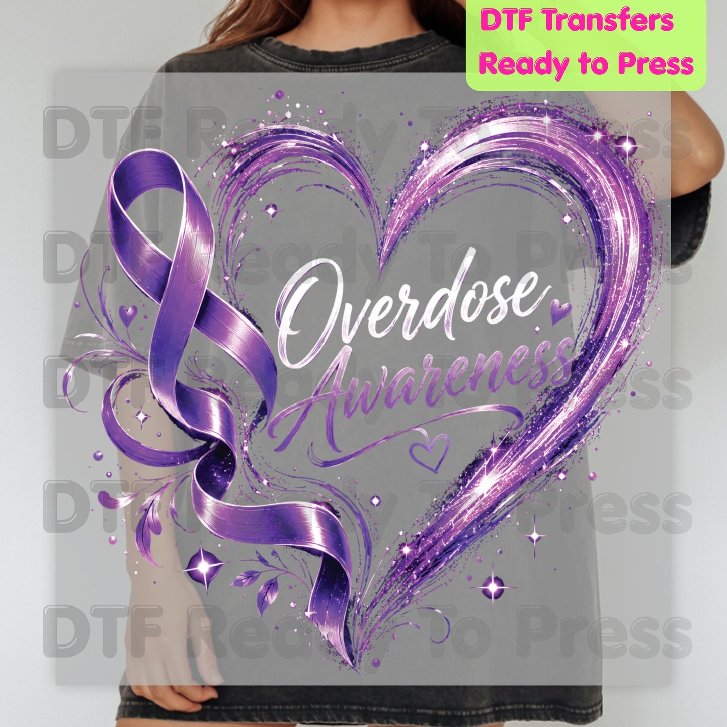 Overdose Awareness DTF Transfer Ready to Press Purple Heart Ribbon Heat Transfer Tee Print Direct to Film Transfer
