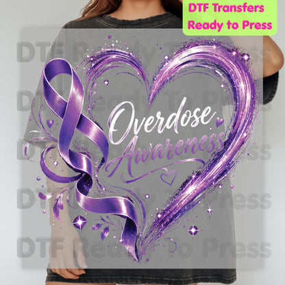 Overdose Awareness DTF Transfer Ready to Press Purple Heart Ribbon Heat Transfer Tee Print Direct to Film Transfer