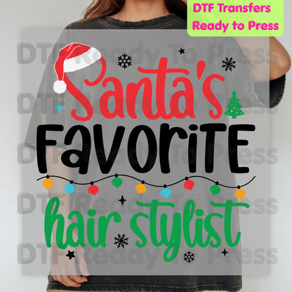 Santa's Favorite Hairstylist DTF Transfers, Christmas Salon Holiday Lights Santa Hat Ready to Press