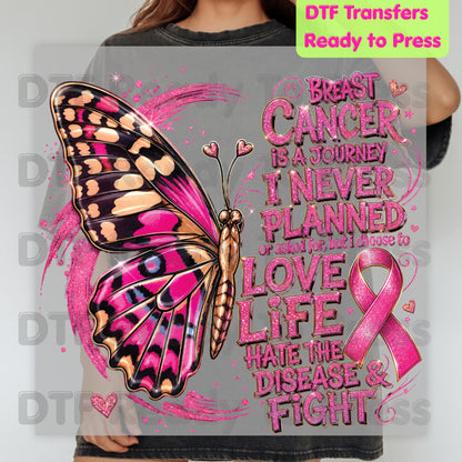 Breast Cancer Is A Journey Butterfly Breast Cancer Awareness DTF Transfer Ready to Press Heat Transfer Tee