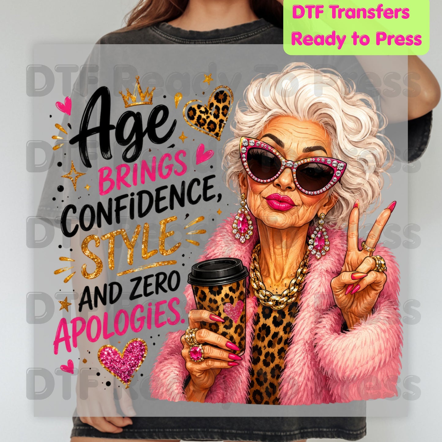 Age Brings Confidence DTF Transfers, Fabulous Glam Senior Woman Leopard Coffee Cup Ready to Press