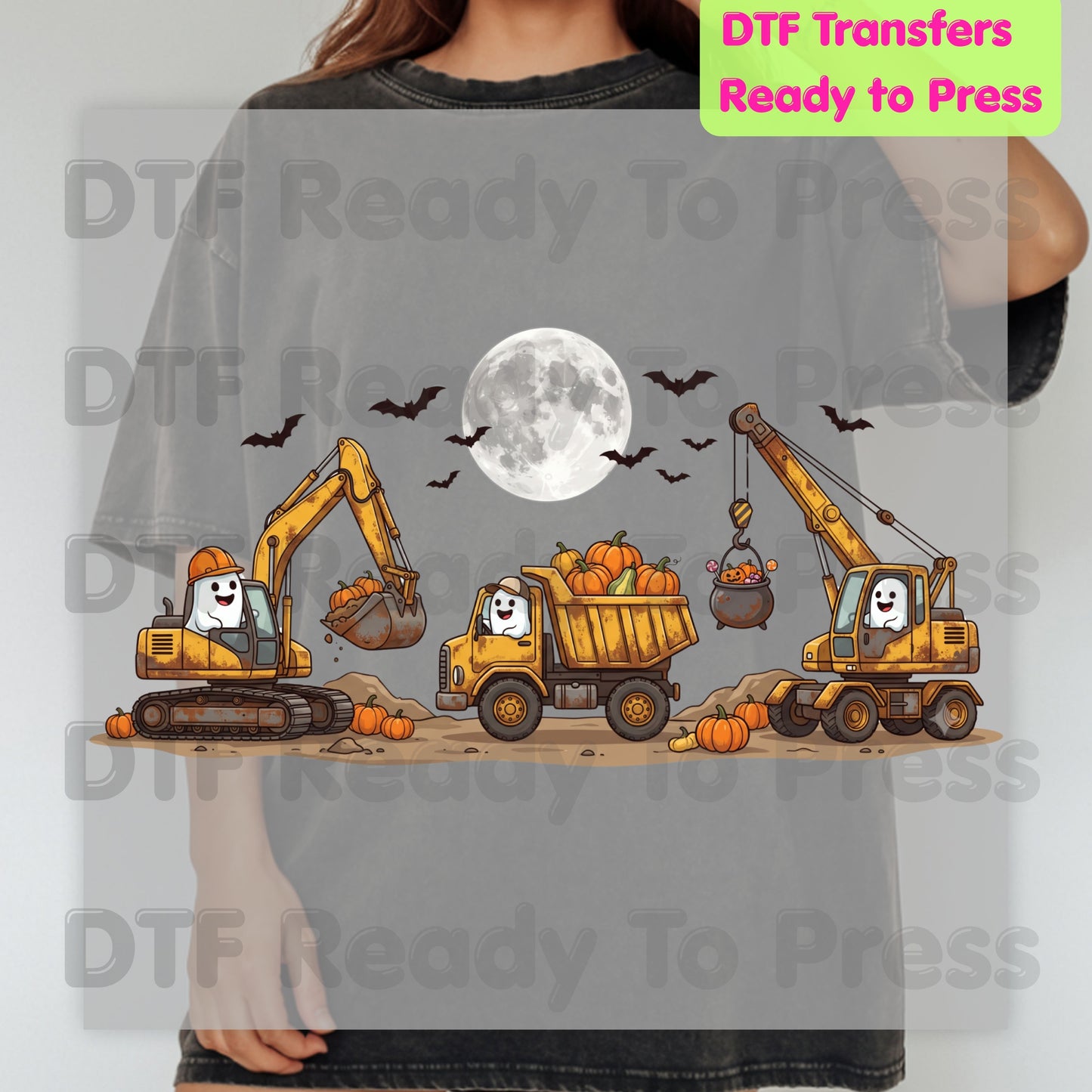 Halloween Construction Ghost Crew DTF Transfers, Excavator Dump Truck Crane Pumpkins Full Moon Bats Kids Ready to Press