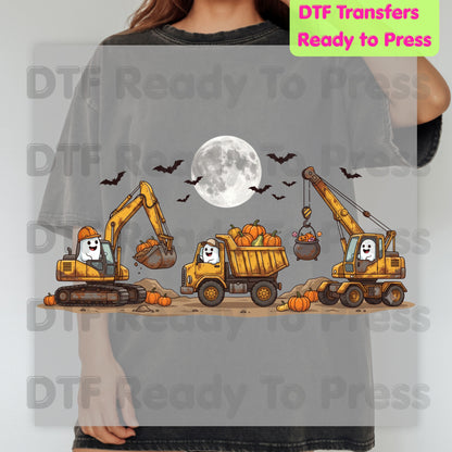 Halloween Construction Ghost Crew DTF Transfers, Excavator Dump Truck Crane Pumpkins Full Moon Bats Kids Ready to Press