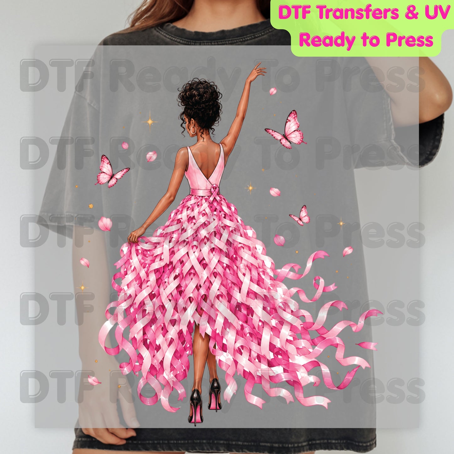 Black Woman Pink Ribbon Dress Breast Cancer Awareness DTF Transfer Ready to Press Heat Transfer Survivor Tee