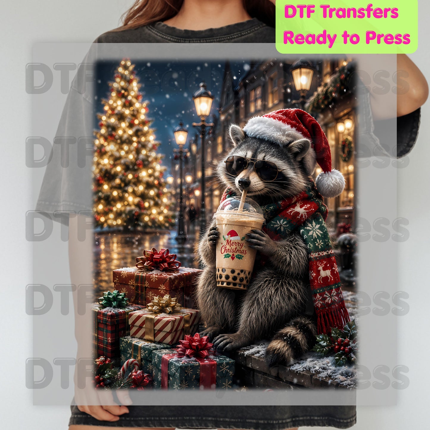 Christmas Raccoon DTF Transfers, Santa Hat Coffee Drink Cute Holiday Winter Ready to Press