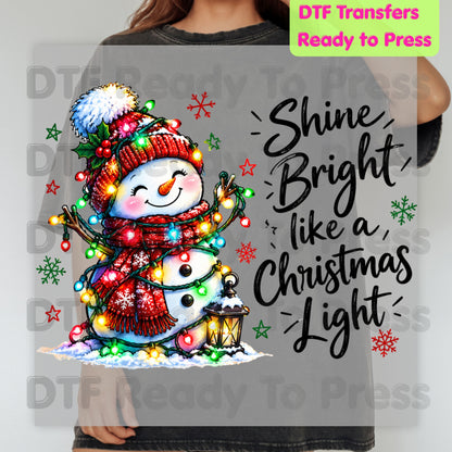 Shine Bright Christmas Snowman DTF Transfers, Holiday Lights Beanie Cute Winter Ready to Press