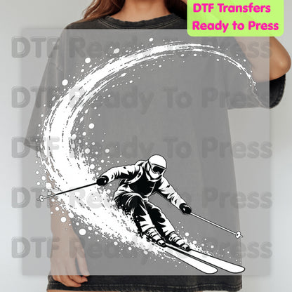Skiing DTF Transfer, Skier with Snow Spray, Winter Sports Graphic