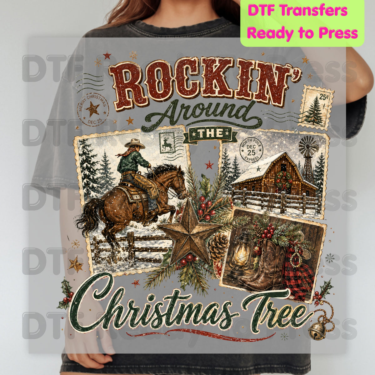 Rockin Around Christmas Tree DTF Transfers, Western Cowboy Barn Country Holiday Ready to Press