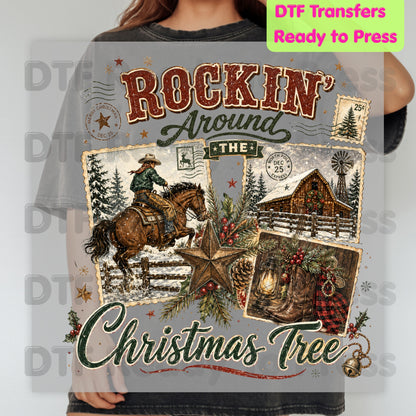 Rockin Around Christmas Tree DTF Transfers, Western Cowboy Barn Country Holiday Ready to Press