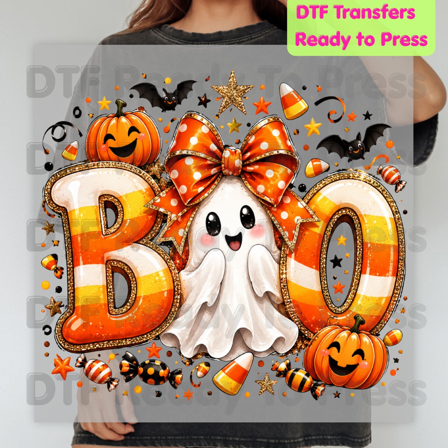 Halloween DTF Transfers, Boo Ghost Orange Bow Candy Corn Pumpkin Spooky Season Ready to Press