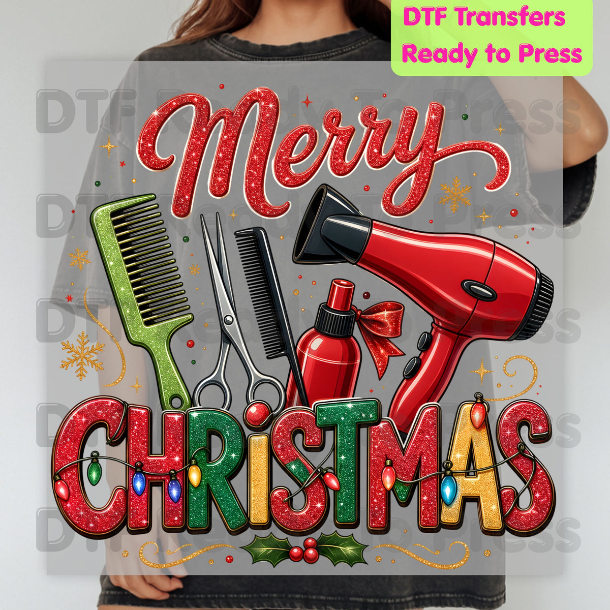 Merry Christmas Hairstylist DTF Transfers, Salon Scissors Dryer Comb Holiday Ready to Press