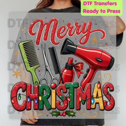 Merry Christmas Hairstylist DTF Transfers, Salon Scissors Dryer Comb Holiday Ready to Press