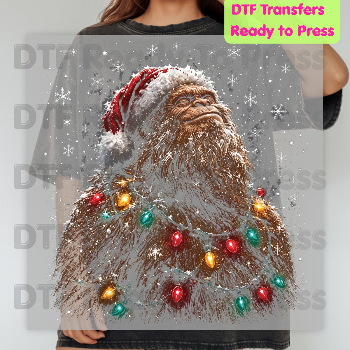Christmas Bigfoot DTF Transfer, Santa Sasquatch Lights