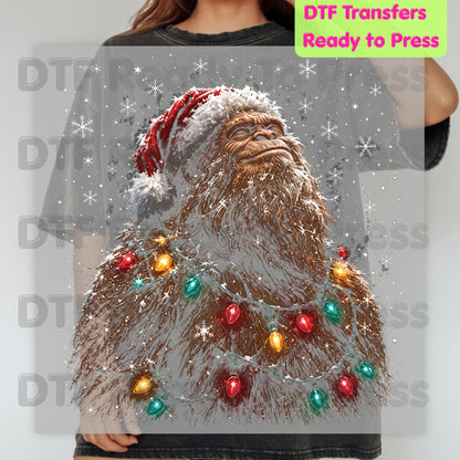 Christmas Bigfoot DTF Transfer, Santa Sasquatch Lights