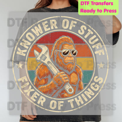 Funny Bigfoot DTF Transfers, Knower of Stuff Fixer of Things Retro Sasquatch Wrench Sunglasses Dad Handyman Ready to Press
