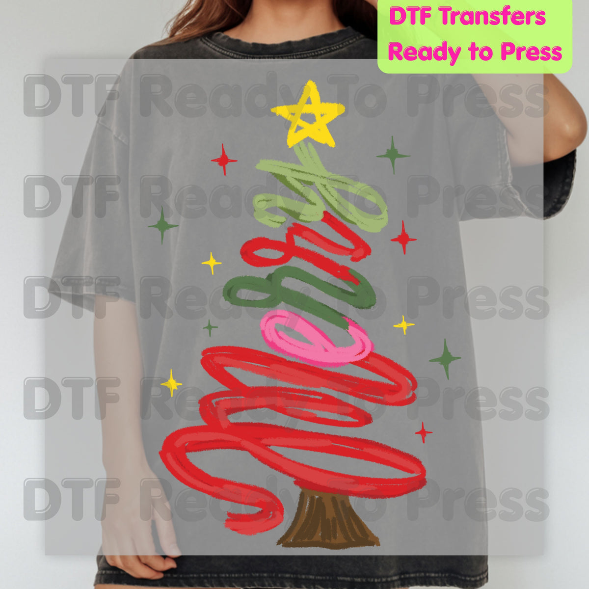 Christmas DTF Transfer, Merry Christmas Tree Script, Sparkles