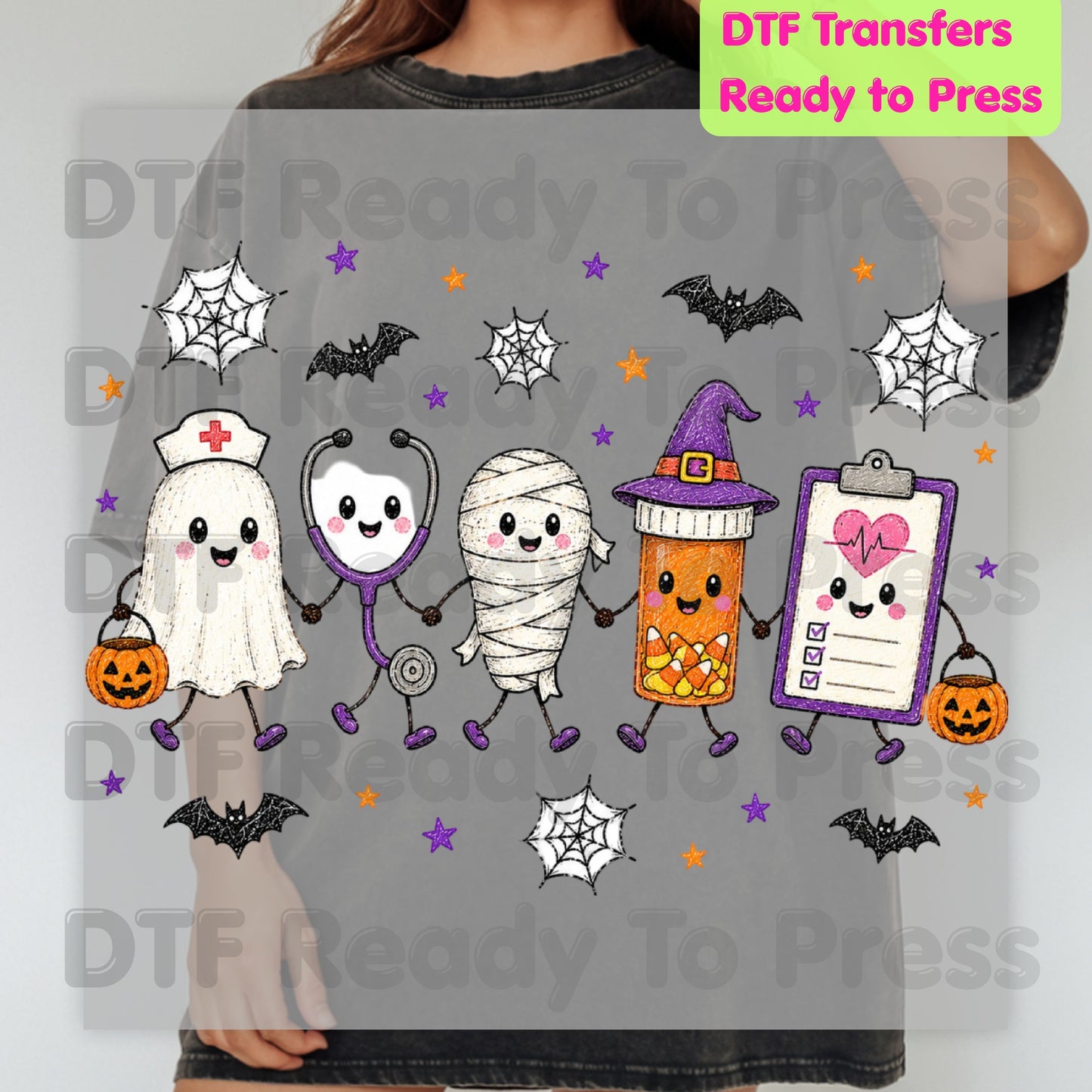 Spooky Nurse Squad DTF Transfers, Halloween Medical Characters Ghost Stethoscope Pill Bottle Ready to Press