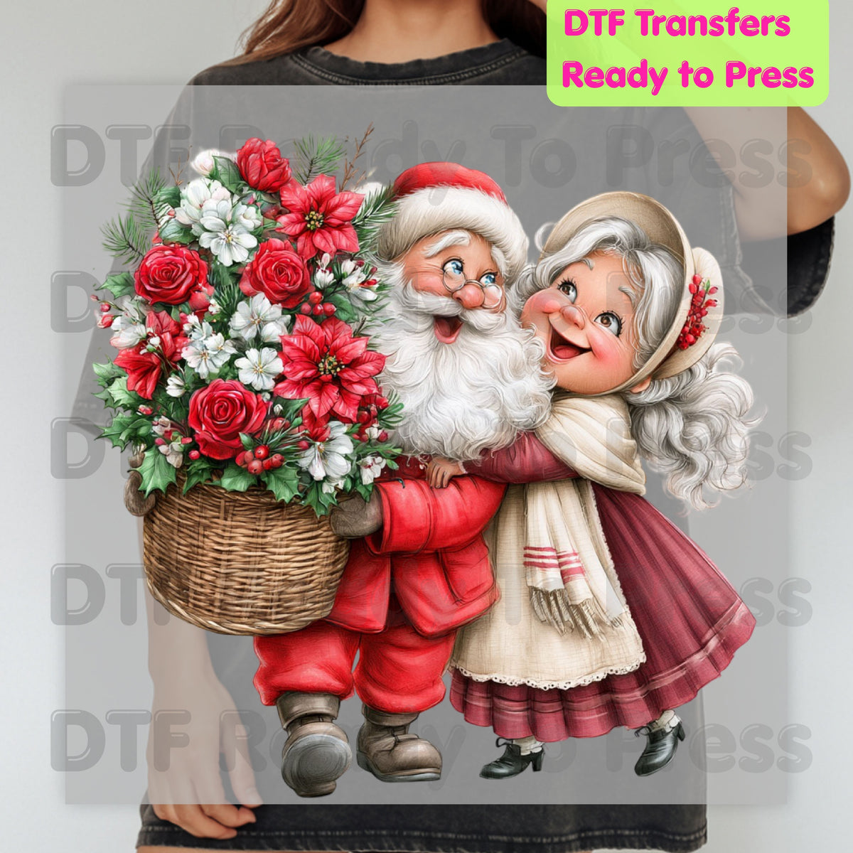 Santa Mrs Claus DTF Transfers, Vintage Christmas Couple Flowers Holiday Ready to Press