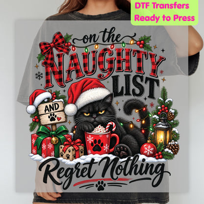 Christmas DTF Transfer, Naughty List Black Cat with Santa Hat, Funny Holiday Graphic